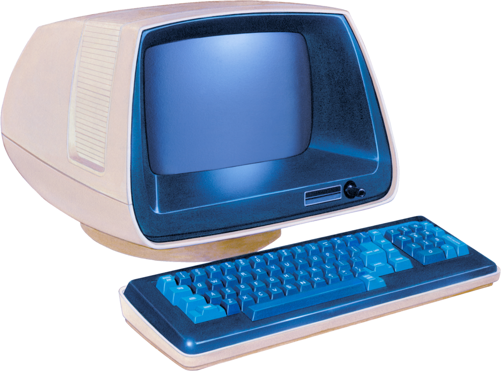 a vintage terminal computer in blue and orange